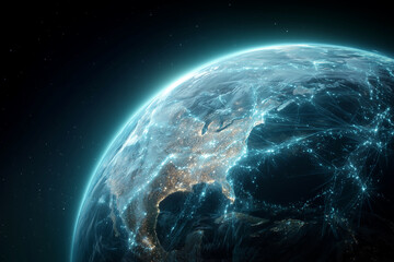 Wall Mural - a blue and white planet with a network of lights surrounding it