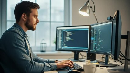 A bearded man codes on multiple computer screens, focused on his work in a modern setting.