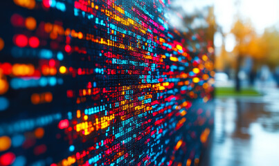 Colorful digital code stream on dark screen representing programming, data processing, and software development with blurred city background in daylight