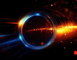 Wall Mural - Bright glowing ring of blue and orange particles with streaks of light extending from it on a dark background, creating a dynamic and energetic visual effect