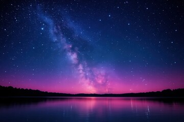 Wall Mural - A tranquil night sky over a serene lake, where the Milky Way meets the earth's edge
