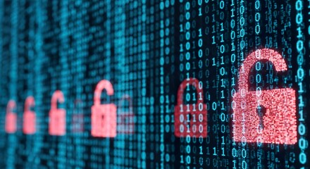 Cybersecurity data breach digital security concept with open padlock and binary code background