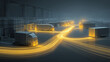 © Jammer Gene - Futuristic autonomous trucks with glowing data trails in smart warehouse