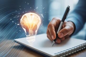 Wall Mural - person writing in notebook with glowing abstract light bulb symbolizing creativity and innovation on