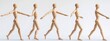 © Aleksandra - Five wooden artist mannequins arranged in a row walking forward with arms extended, demonstrating motion and coordination in a minimalist setting