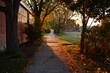 © The Great Capture - Empty sidewalk alongside a school building surrounded by autumn foliage and bathed in warm sunset light. A peaceful and symbolic image for Walk to School Month, promoting student safety, routine, and