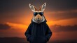 © Dilshan - A cool rabbit wearing sunglasses and a hoodie against a sunset background with its hands in pockets