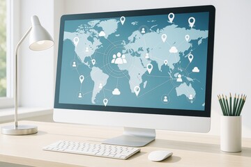 Wall Mural - modern workspace with computer screen displaying global network and user connection icons on blue wo