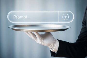 Wall Mural - futuristic digital prompt bar floating above a silver tray held by a gloved hand in suit on light te