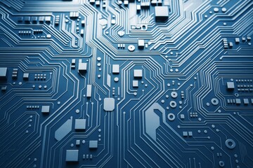 Wall Mural - close-up of futuristic blue circuit board with glowing lines and microchips on dark background, symb