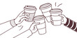 © Sajjad - Hands of group people holding coffee in reusable cup, simple line. Together clink on break time. Fast take away drink. Takeaway drink in mug, coffee to go. Coffee lover. Vector illustrationImportant