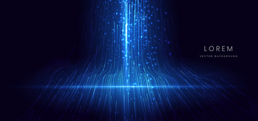 Wall Mural - futuristic glownig blue vertical lines with lighting effect and sparkle on dark blue background.