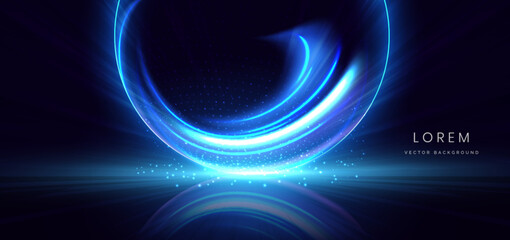 Wall Mural - blue curve ray glowing circle with lighting effect and sparkle on dark blue background.
