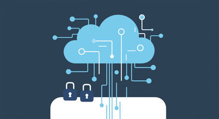 Cloud security illustration featuring a cloud icon and two padlocks, showcasing digital safety. Cloud security emphasizes connected devices, highlighting network protection and secure access.