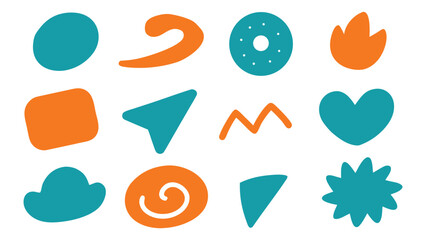 Vector art of collection of abstract organic and geometric shapes in orange and teal isolated on white background.