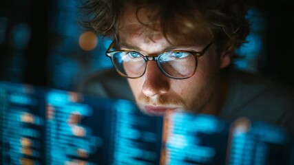 A man with glasses intensely focuses on a glowing blue screen with text. The focus is on the eyes, suggesting concentration