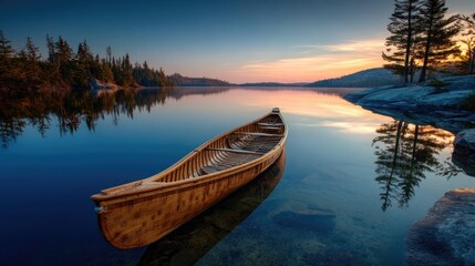 Naklejka na meble Wooden Canoe on Calm Lake at Sunset