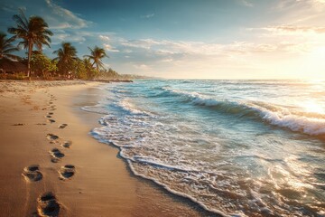 Wall Mural - Discovering summer warmth with footprints leading to the tropical shore at sunset, surrounded by swaying palm trees and the gentle surf