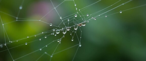 Tiny dew drops cling to intricate spider silk, soft focus background,  picture,  plant