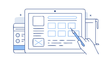 Tablet app design wireframe ux ui interface development sketching planning and hand with pencil concept