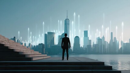 Businessman looking at city skyline with upward arrows signifying growth and success,, 4k video footage