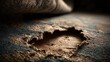 © Tin - Ripped carpet and linen section concept. A close-up view of a worn carpet with a noticeable tear.