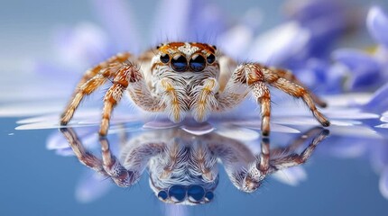 Wall Mural - A close-up of a jumping spider on a flower petal, its eyes reflecting the camera lens and sky