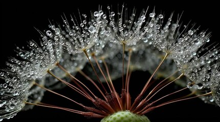 Wall Mural - macro of a dandelion seed head with individual strands catching droplets of morning dew