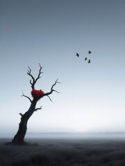 lonely tree red nest birds, minimalist artistic conception, natural scenery photography
