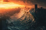Gigantic tsunami is approaching the city, flashover city cataclysm landscape panorama
