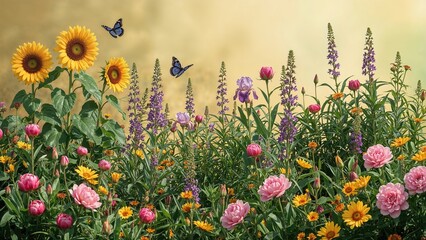 Wall Mural - Butterflies fluttering among bright flower plants