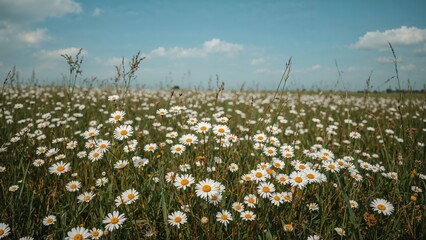 white daisies are scattered all over the grassy field