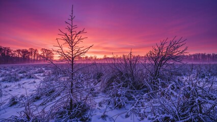Wall Mural - Winter Twilight over a Snowy Field and Frosted Trees with Vibrant Purple and Pink Hues