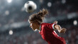 © SolaruS - Action shot of a female soccer player heading the ball. Focus, determination,  athletic prowess. Ideal for sports marketing, fitness, or competitive spirit themes.