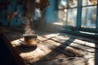 © john - A steaming cup of coffee on a rustic wooden table in a cozy café with soft morning light