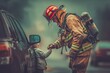 © DIMENSIONS - Brave firefighter in protective gear comforting child during emergency response, professional heroism, public safety, and compassion in action, community support and rescue