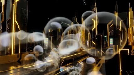 Wall Mural - futuristic golden cityscape with bubbles and glowing lines.