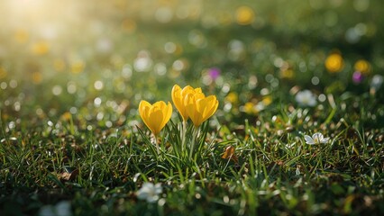 Wall Mural - Garden awakens with the first yellow crocuses under clear sunny skies