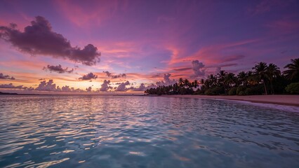 Wall Mural - purple-tinted dawn over a tropical ocean and sandy shore