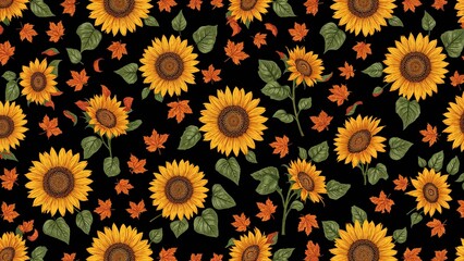 Wall Mural - Thanksgiving-inspired sunflower and autumn leaf textile motif with black background