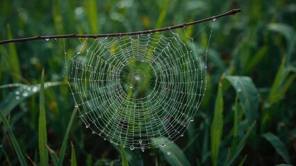 Wall Mural - Close-up of a delicate spiderweb sprinkled with morning dew on a thin branch, vibrant green grass behind, springtime morning