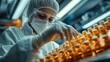 © Neha Arck - Healthcare lab scientist in a white protective suit and gloves examining medication in a pharmaceutical drug factory mass-producing over-the-counter medicine, Generative AI