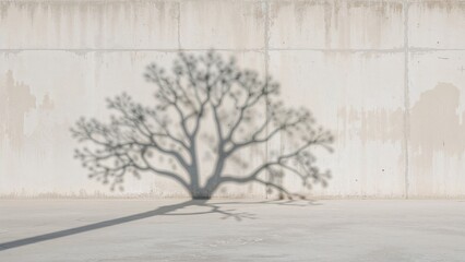 Wall Mural - sunlight creating a silhouette of a tree on a white concrete wall