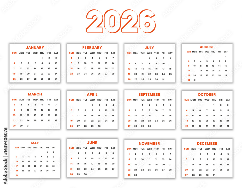 Calendar 2026 year vector illustration, Set of 12 Months, week starts ...