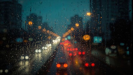 Wall Mural - Wet window with scattered light orbs from street lamps, rainy evening cityscape, background image