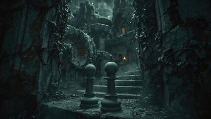 Chess pawns positioned at the threshold of a complex maze to depict uncertainty.