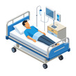 © The Masterplan Std. - Male patient resting in an isometric hospital bed with an IV drip and vital signs monitor.