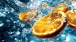 ©  Shomixer - Sliced oranges submerge in crystal-clear water, their zesty segments creating a refreshing visual explosion that captures the essence of vitality and the joy of natural flavors.