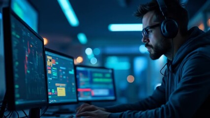 Focused developer working on multiple monitors in a modern office environment