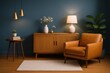 © MDNANNU - Cozy Mid-Century Modern Living Room Scene Featuring a Tan Leather Armchair and Wooden Cabinet with Ambient Lighting